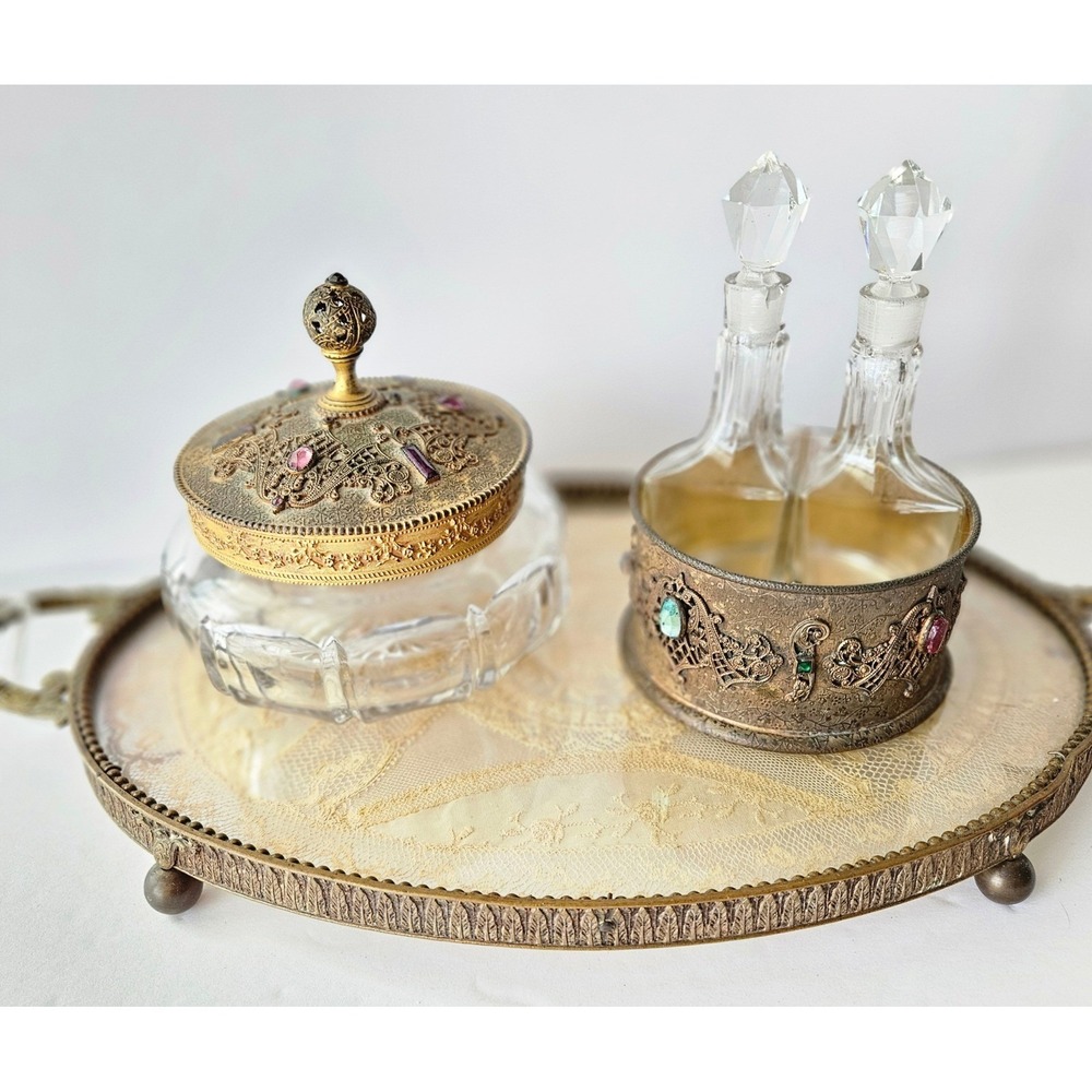 E & J Empire Art Gold Antique Vanity Set w/ Tray –‎ Jeweled Gilded Glass Perfume